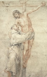 St. Francis afviser verden og omfavner Kristus (rødt og sort kridt på papir)